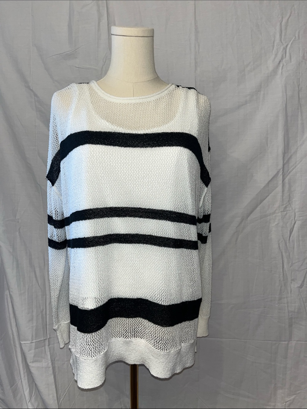Westbound White and Black Striped Lightweight Crew Sweater